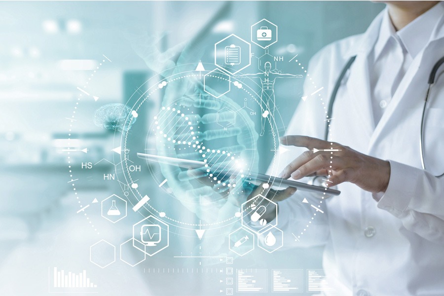 Medicine doctor touching electronic medical record on tablet. DNA. Digital healthcare and network connection on hologram modern virtual screen interface, medical technology and futuristic concept.