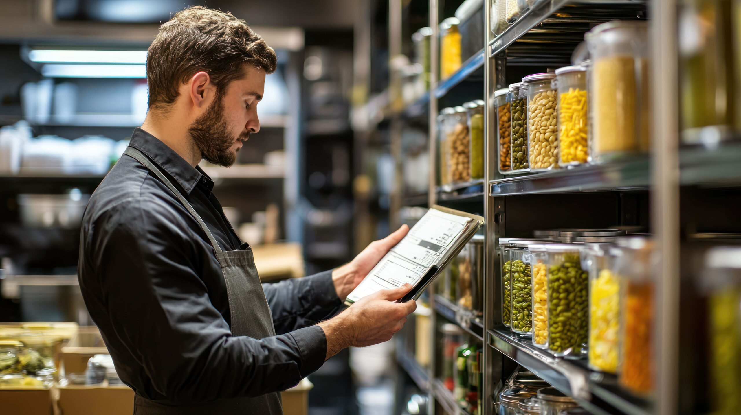 Personale di cucina sta controllando gli ordini nel magazzino.