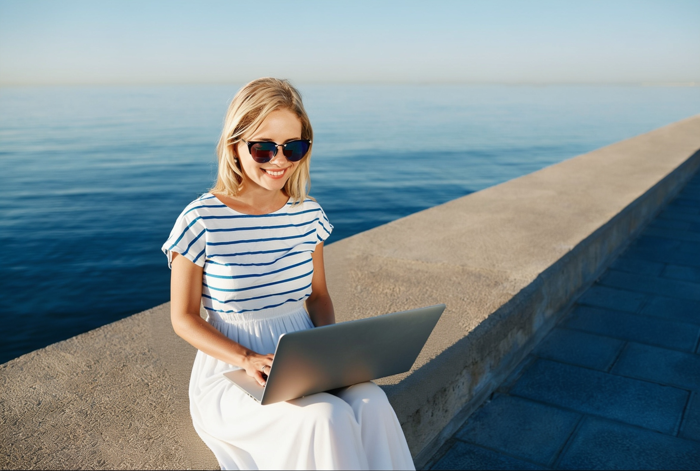 Ragazza segue un corso di formazione online in riva al mare