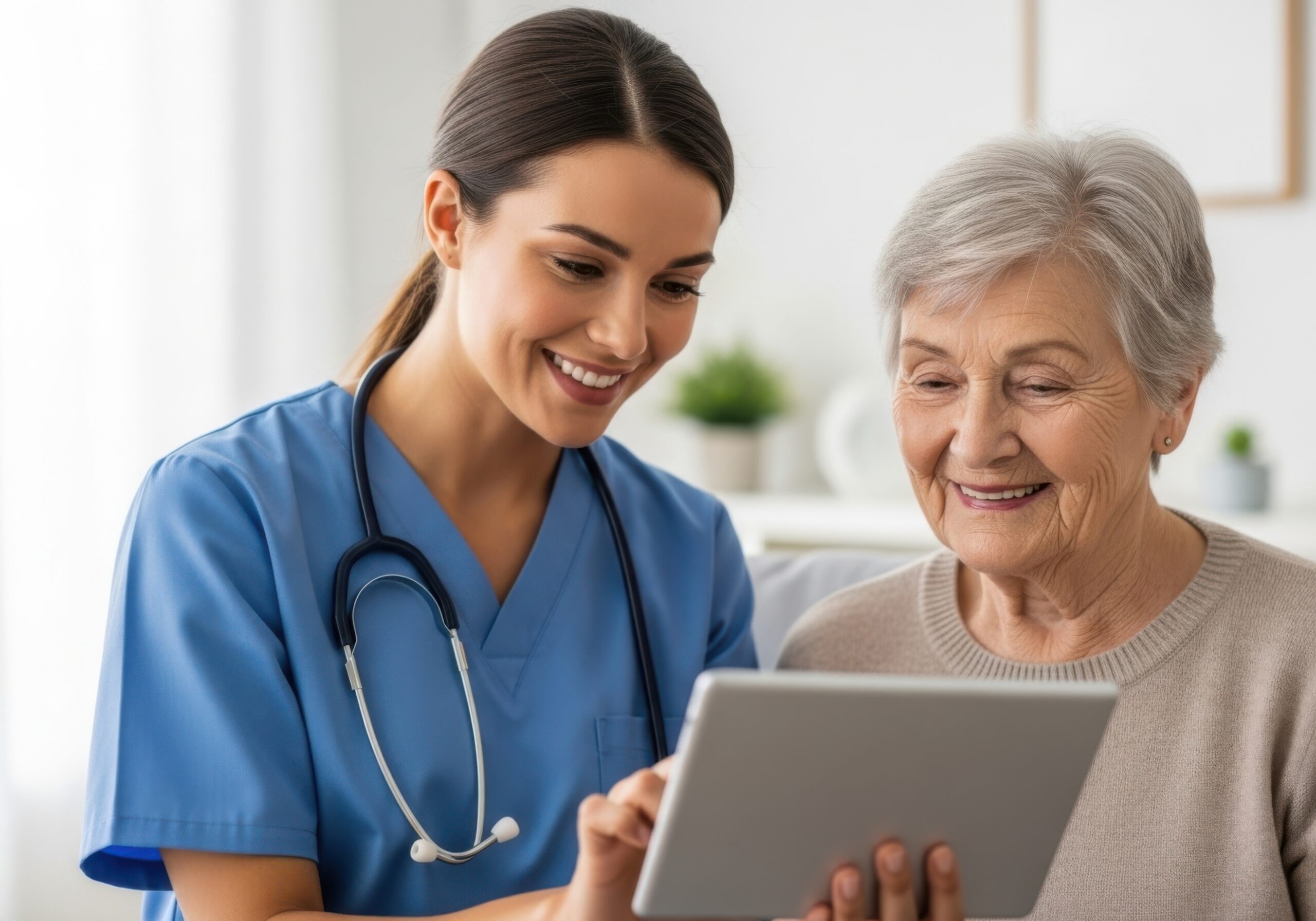 Infermiera mostra il tablet a paziente anziana.